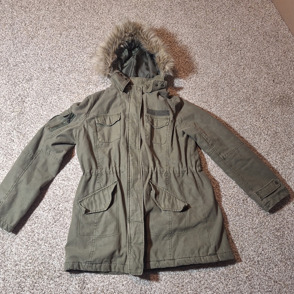 Levis Military Green Utility Jacket Women XL Lined Full Zip Hood Faux Fur
